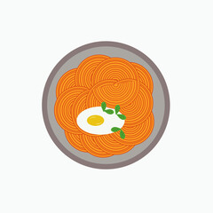 Spaghetti with egg and basil leaves. pasta plate top view