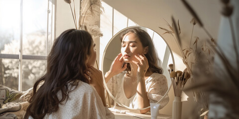 woman applying cream on her face while looking at a mirror