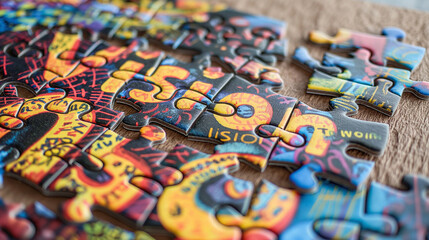 Fototapeta premium A nearly completed puzzle with vibrant pieces, the team celebrating as they place the last piece labeled 