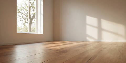 Fototapeta premium Sunlit empty room with wooden floor and white walls, perfect for real estate, architecture, or interior design projects.