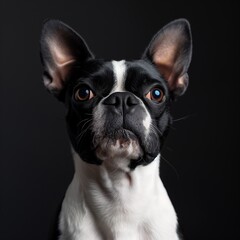 Boston Terrier dog with curious expression on black background