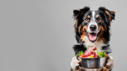 Australian Shepherd with a bowl of raw meat and fresh veggies, promoting healthy dog diet