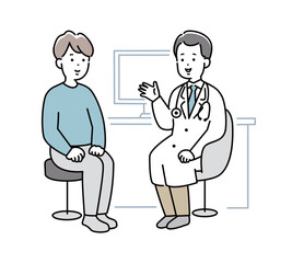 問診・診察を受ける若い男性と説明をする医者のイラスト素材