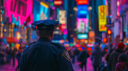 A back of a police officer stands guard in Times Square, New York City, with the iconic neon signs and bustling crowds visible in the background.