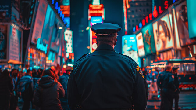 The back of a police officer standing in Times Square, with the iconic TKTS booth and a bustling crowd around.