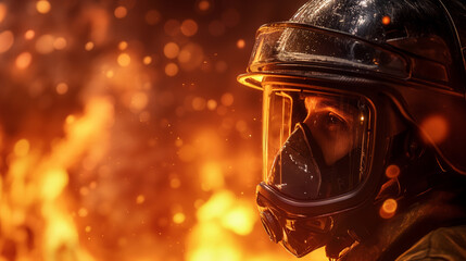 The determined face of a firefighter in protective gear is set against the backdrop of a burning building, flames reflecting in their visor.