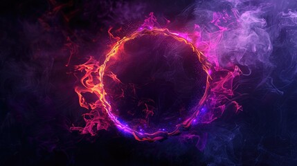 Fototapeta premium Abstract neon ring frame with glowing fire and smoke, blue pink light effect on black background