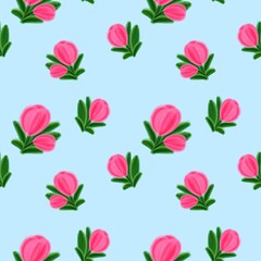 seamless pattern with pink tulip blue background