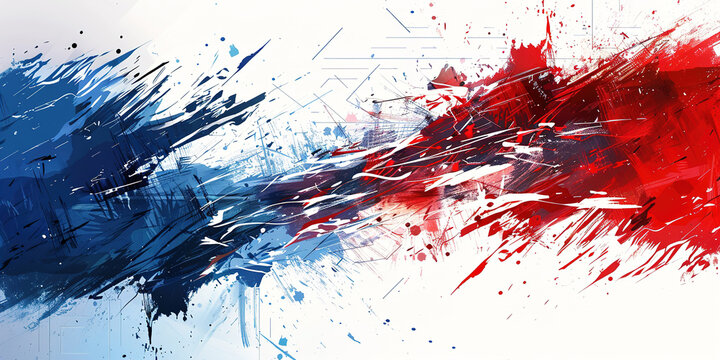 Abstract blue and red splatter painting on white background