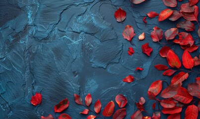 Abstract Autumn Background with Colorful Red Leaves on Blue Slate. Top View, Copy Space for Seasonal Marketing and End-of-Season Promotions. AI-Generated, 4K High-Definition Wallpaper with Various Ang