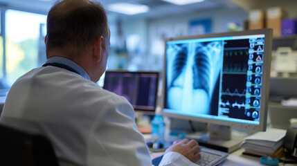 Amidst the sterile environment of a hospital, a doctor reviews x-ray images on a high-definition screen, with patient records and medical charts spread on the desk.