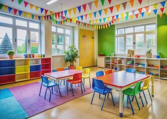Vibrant empty classroom with colorful decorations and a solitary chair, conveying a sense of playful learning and triumphant overcoming of learning disabilities.