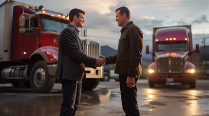 With the imposing presence of a truck behind them, two businessmen shake hands, sealing a crucial business deal with mutual respect.