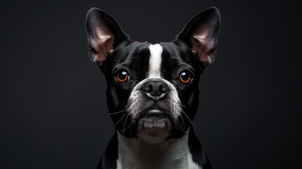 Boston Terrier dog with alert expression, front view, studio portrait