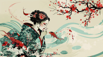 Fototapeta premium Traditional Japanese Ukiyoe-style Illustration Woman, Dragon, Fish, and Flower
