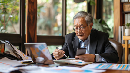 Obraz premium A senior middle-aged Asian businessman manager CEO, surrounded by documents and charts, uses his smartphone and laptop to streamline online business processes.
