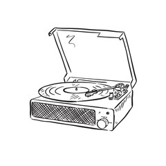 A record player vector in a sketch style. A vinyl machine with stylus and built in speaker. An old school traditional music player.