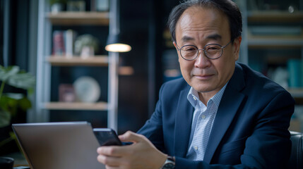 In a vibrant office setting, a senior middle-aged Asian businessman manager CEO uses a smartphone and laptop, symbolizing the dynamic and fast-paced nature of modern business manag