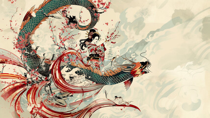 Traditional Japanese Ukiyoe-style Illustration Woman, Dragon, Fish, and Flower