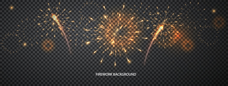 Holiday Firework Vector horizontal greeting banner. Gold fireworks in night sky. Festive lights dark background with effect bokeh for design of holiday poster and celebratory flyer