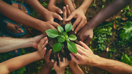 Top view of diverse multiethnic multiracial hands of different people gathered together around a vibrant green plant, symbolizing unity and ecological sustainability.