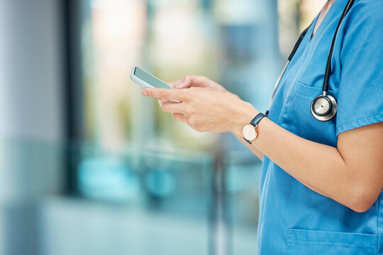 Nurse, hands and phone for healthcare communication, social media post and networking of homecare service. Hospital, doctor or caregiver woman with mobile contact, medical or telehealth and typing