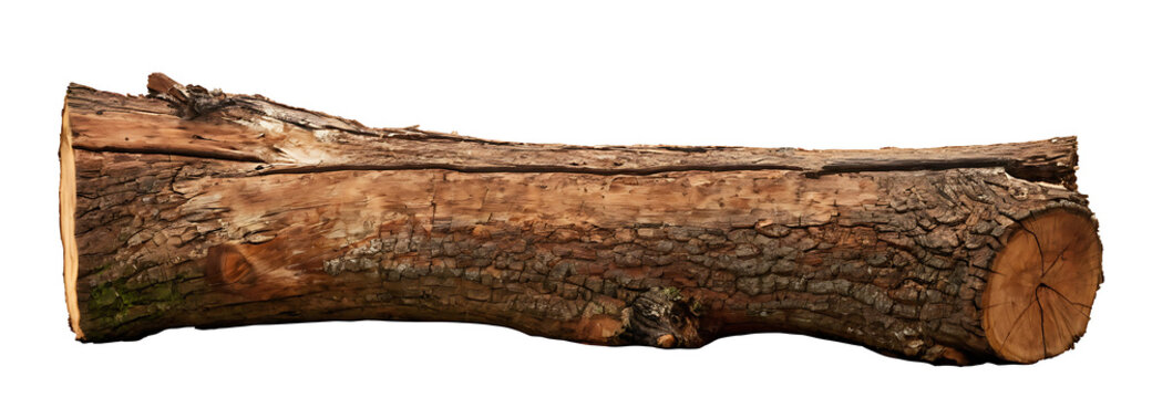 A weathered, textured log with rough bark and knots on a white background, perfect for nature, rustic, or woodworking-themed projects.