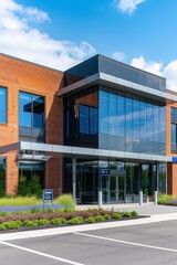A large building with a glass front and a blue sign on the front. The building is surrounded by a parking lot