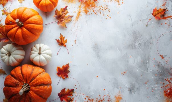 Abstract Autumn Background with Orange Pumpkins and Autumn Leaves on Light Surface. Surrounded, with Copy Space in the Center for Halloween Event Marketing and End-of-Season Promotions. AI-Generated, 
