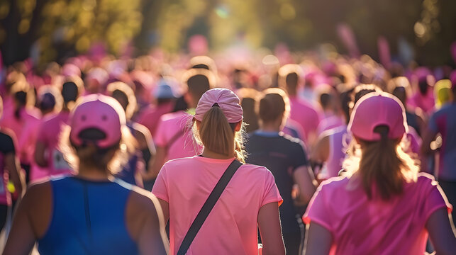 Large group of people participating in a cancer fundraising event such as a charity walk or run coming together to show their support and raise awareness for this important health cause