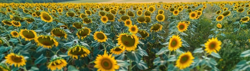 Fototapeta premium A field of sunflowers is in full bloom. The sunflowers are tall and yellow, and they are spread out across the field. The sky is clear and blue, and the sun is shining brightly. The scene is peaceful