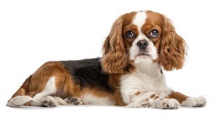 Fototapeta premium Cavalier King Charles Spaniel dog laying down on white background, side view