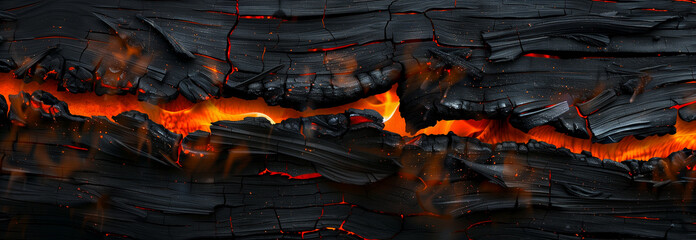 Halloween molten lava texture background. Burning fire coles, charred charcoal . Fiery lava and burned wood backdrop with atmospheric light, grunge glowing texture wide banner by Vita