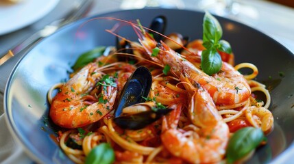 Seafood spaghetti with prawns shellfish and zucchini