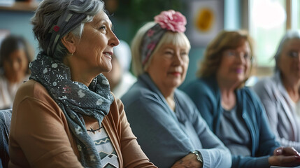A group of elderly and mature women gathered in a room engaged in a cancer support group meeting where they are sharing their personal experiences finding comfort
