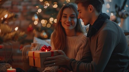 Two people exchanging a festive gift box against the backdrop of a warmly lit Christmas tree.