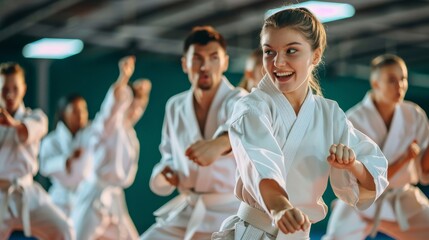 A group of people taking a martial arts class, practicing kicks and punches with a sensei