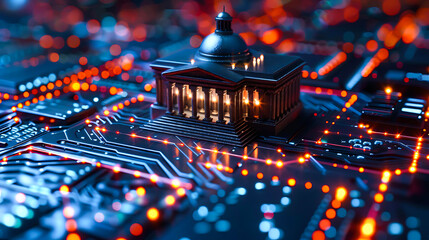 A miniature government building model is integrated into a glowing, futuristic circuit board, symbolizing the intersection of technology and governance, 