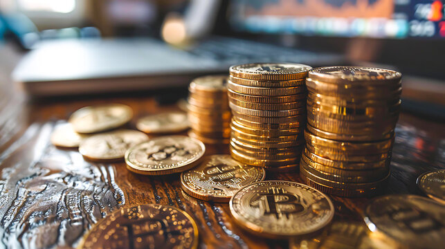 Stacks of gold cryptocurrency coins on wooden surface with blurred laptop and market chart background; useful for articles on digital currency, finance, investments, or trading.