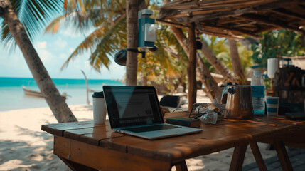 Modern work setups with digital nomads working on laptops in exotic locations like beaches, cafes, and co-working spaces