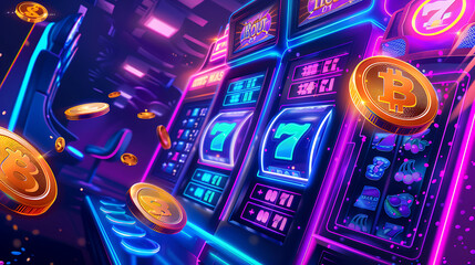 A dynamic image of a slot machine surrounded by gold coins and illuminated by blue neon lights. The scene captures the excitement and energy of a casino environment, highlighting the potential for big