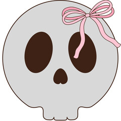 Groovy halloween skull and pink coquette bow clipart illustration, Trendy 70s retro style, Cartoon doodle outline drawing illustration.