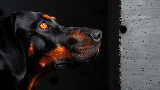 Doberman close-up with orange lighting, intense expression
