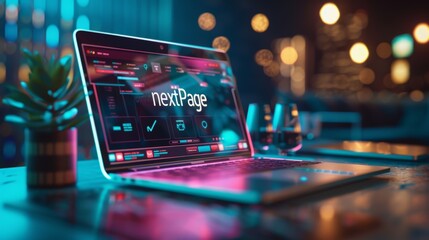 High Resolution Laptop Screen Displaying "nextPage", Digital Marketing and Financial Transparency Concept in Office Setting

