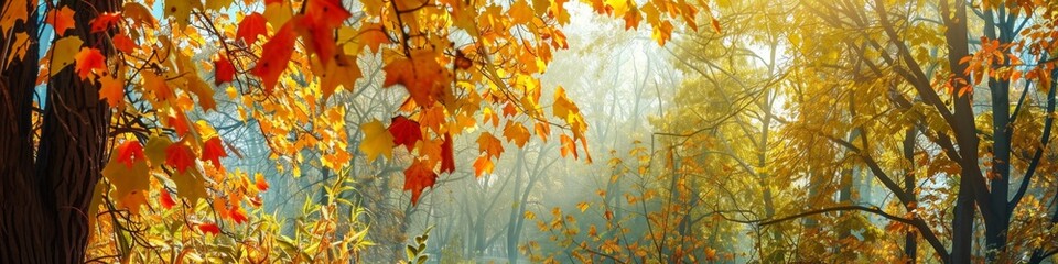 Abstract Autumn Leaves Background in a Beautiful Park with Yellow, Red, and Orange Leaves Depicting Seasonal Changes. Various Angles for Artistic Design Mockup Template, AI-Generated, 4K High-Definiti