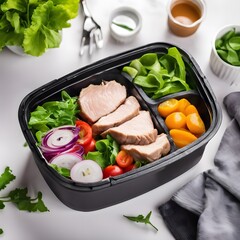 plastic black container box with healthy meal including white meat, fresh green salad and vegetables. Tasty lunch with high protein foods for muscle building.