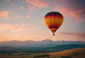 Fototapeta premium AI generated illustration of a colorful hot air balloon floating over a scenic landscape at sunset