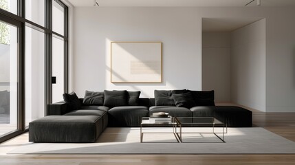 A minimalist living room with a black sectional sofa