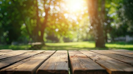 Generative AI : Wooden desk for product on nature landscape