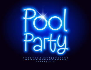 Vector neon invitation Pool Party. Bright Glowing Font. Electric Blue Alphabet Letters and Numbers set.